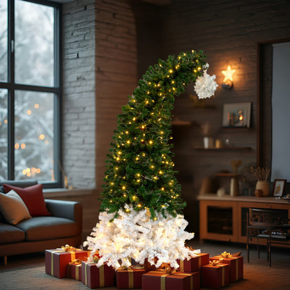 US Local 6 FT Santa Hat Style Pre-lit Christmas Tree, Hinged Artificial Xmas Tree Pine Tree With 250 Warm White Lights, 839 Branch Tips For Holiday Party Store Office Home, Green & White