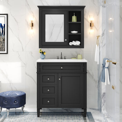 US Local 30'' Bathroom Vanity With Top Sink, Modern Bathroom Storage Cabinet With 2 Drawers And A Tip-out Drawer, Freestanding Vanity Set With Mirror Cabinet, Single Sink Bathroom Vanity
