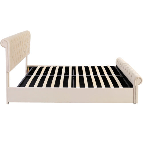 UK Local Upholstered Bed 5ft,150x200, 5ft King Bed, Luxurious Velvet Button-Tufted Sleigh Bed Storage, Functional Bed With Slatted Frame And Storage, Beige