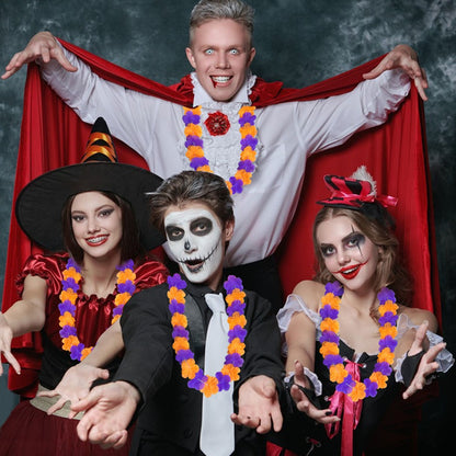 US Local 24 Pcs Halloween Leis Hawaiian Leis Necklace Tropical Flower Lei Floral Luau Party Decorations Orange Purple Dance Garland Headbands Photo Booth Photo Props For Halloween Birthday Trick Or Treat Party