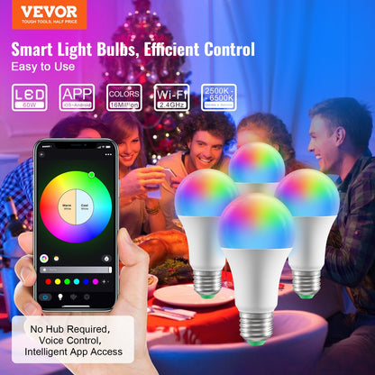 US Local VEVOR Smart Light Bulbs, 4-Pack, 9W Multicolor LED Bulbs, 800 Lumens With Smart Control Compatibility For Vera, Google Assistant, Amazon Alexa, IOS, Android, RGB Color Changing