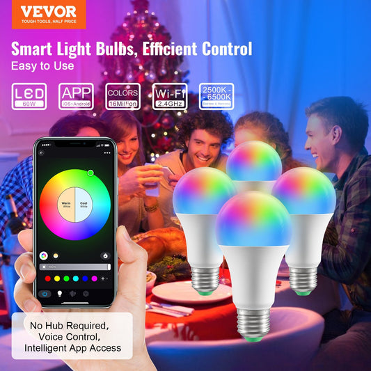 US Local VEVOR Smart Light Bulbs, 4-Pack, 9W Multicolor LED Bulbs, 800 Lumens With Smart Control Compatibility For Vera, Google Assistant, Amazon Alexa, IOS, Android, RGB Color Changing