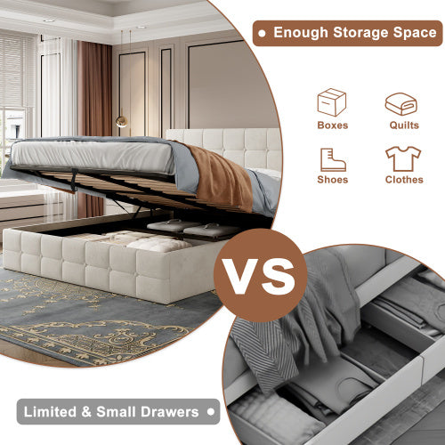 UK Local 4ft6 Double Upholstered Storage Bed Frame, Velvet Ottoman Bed With Hydraulic Storage, Double Bed With Adjustable Button Tufted Headboard, Metal-Wood Support, No Mattress, Beige