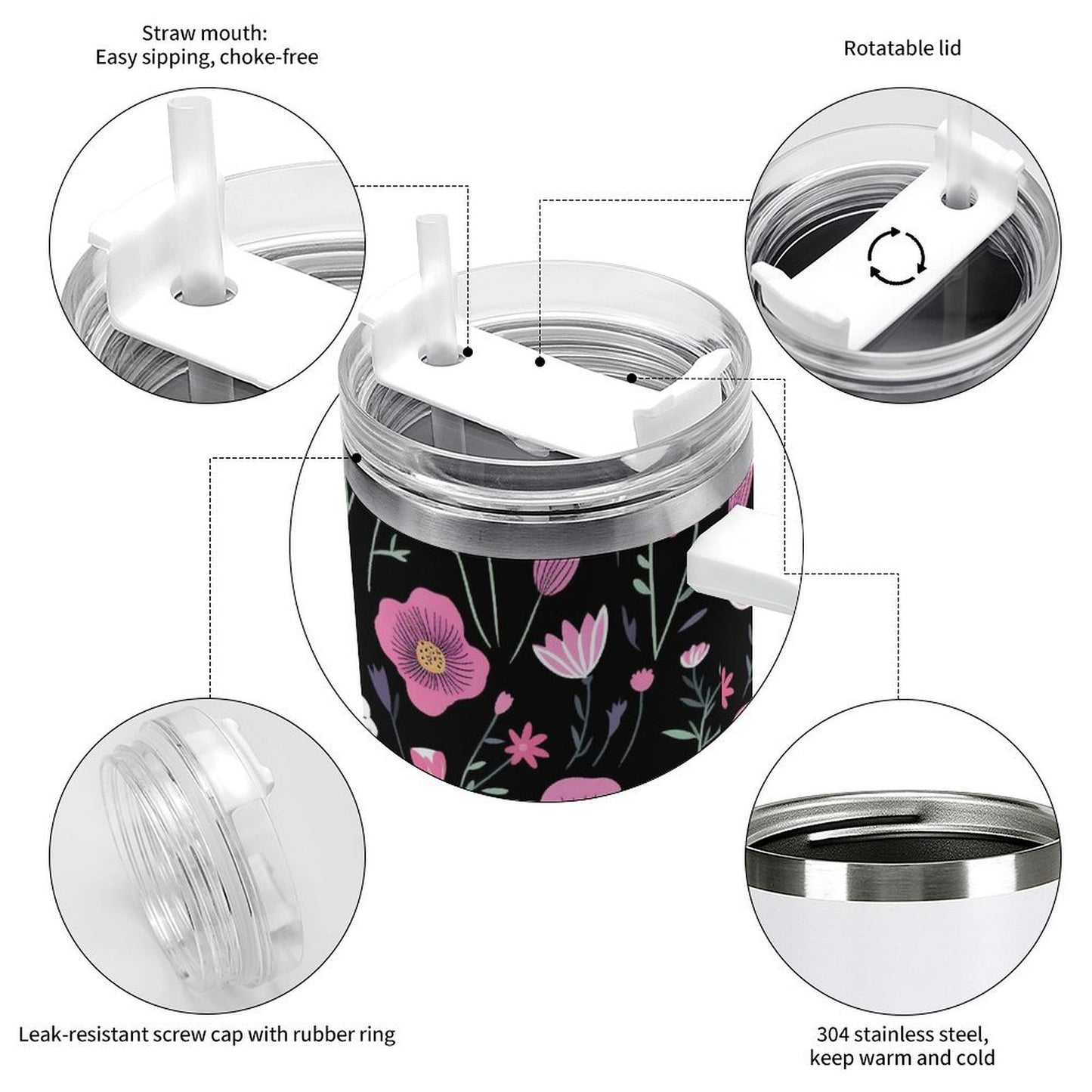 PHDT00211 POD US Local Tumbler 40oz Large Capacity Car Cup Flower Branches, Pink, Black