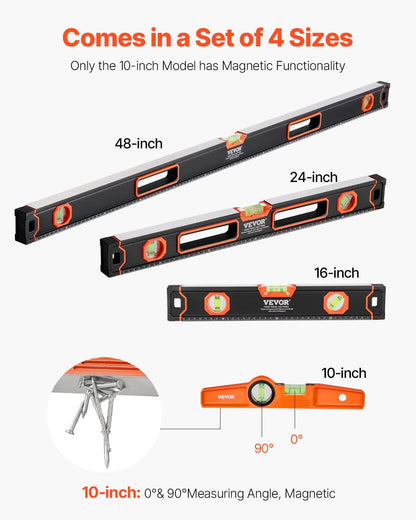 US Local 4-Piece Torpedo Level 48 24 16 10 Inch Aluminum Alloy Body With Bubble Vials