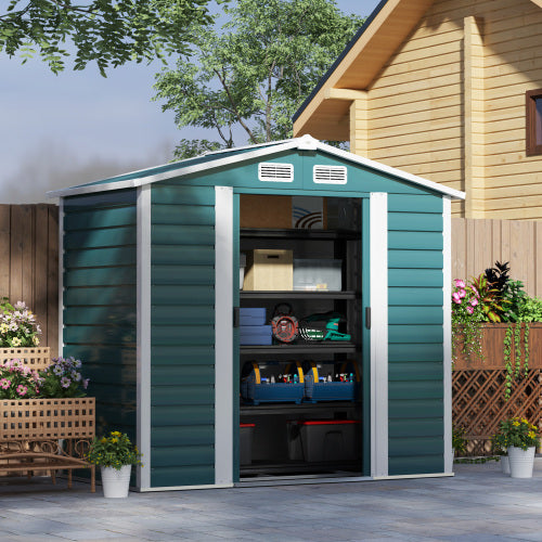 UK Local Outsunny 7 X 4ft Garden Shed, Easy To Assemble, Upgraded Galvanised Steel Frame With Foundation Kit, Double Doors With Lock, Outdoor Metal Shed With Vents And Gloves, Garden Storage Shed, Green