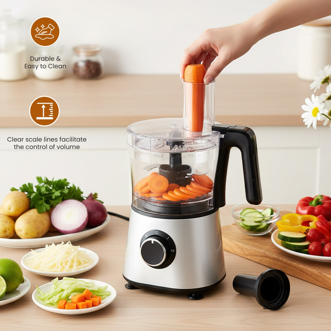 US Local 300W Food Processor With Blender & Dough Tool, 2 Speeds, Sharp Blades, Safety Lock -1.5L Glass Jar