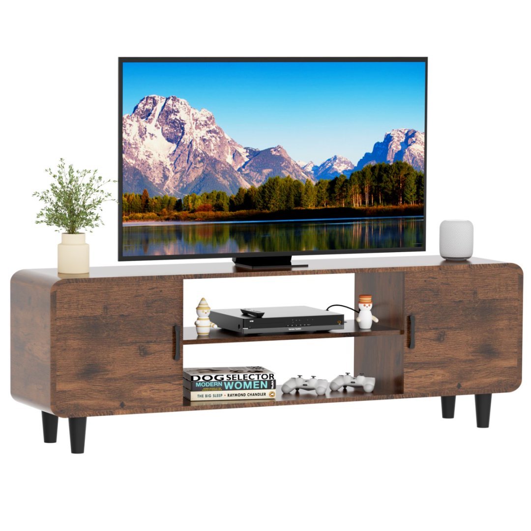 US Local TV Stand For 55 Inch TV, Entertainment Center With Storage Cabinets, Soft Hinge Door With Handle, Media TV Console Table For Living Room Bedroom, Rustic Brown