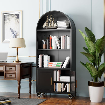 US Local Metal Arched Bookcase With Wheels, Modern Freestanding Black Arch Storage Cabinets For Home Office Bookshelf Living Room