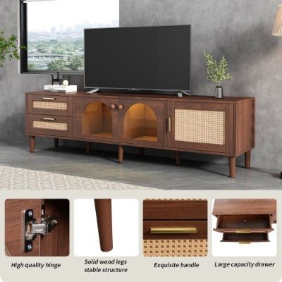 UK Local 180 Cm Brown TV Cabinet For 80-inch TV - With 2 Rattan Drawers, 2 Curved Glass Doors And 1 Rattan Door, LED Lighting, Offers Stylish Storage, TV Board