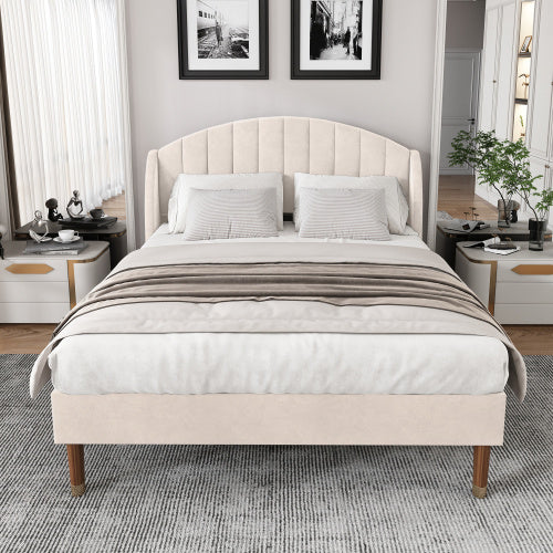 UK Local Upholstered Bed,Double Bed-4ft6 135x190cm,with Slatted Frame And Headboard, Youth Bed, Wooden Slatted Support, Easy Assembly, Velvet, Beige