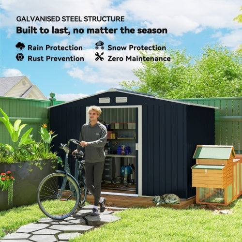 UK Local Outsunny 9 X 6ft Metal Bicycle Shed, Outdoor Storage Tool House With Ventilation Slots, Foundation Kit And Lockable Double Doors, Dark Grey
