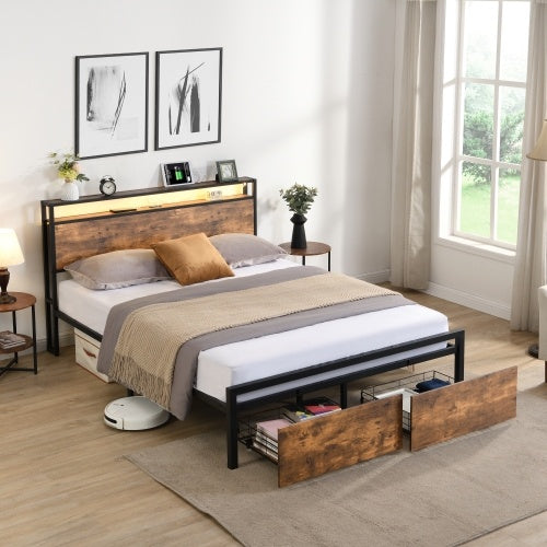 US Local Queen Size Bed Frame With Storage Headboard And 2 Drawers, LED Lights Bed With Charging Station