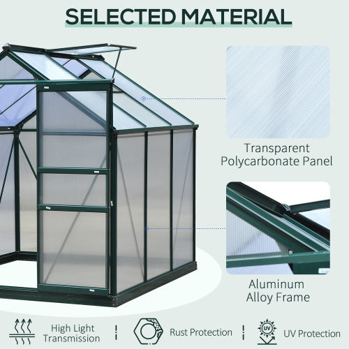UK Local Outsunny 6 X 6ft Polycarbonate Greenhouse, Large Walk-In Green House With Slide Door And Window, Garden Plants Grow House With Aluminium Frame And Foundation, Dark Green