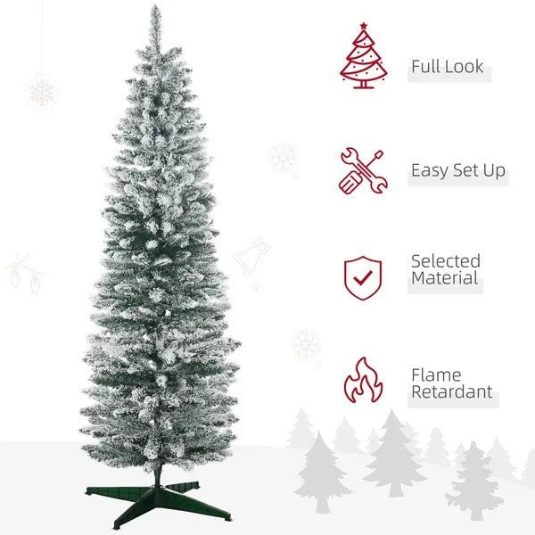 CA Local 6 ft Tall Pencil Artificial Christmas Tree, Holiday Decor With Snow Flocked Branches, Green