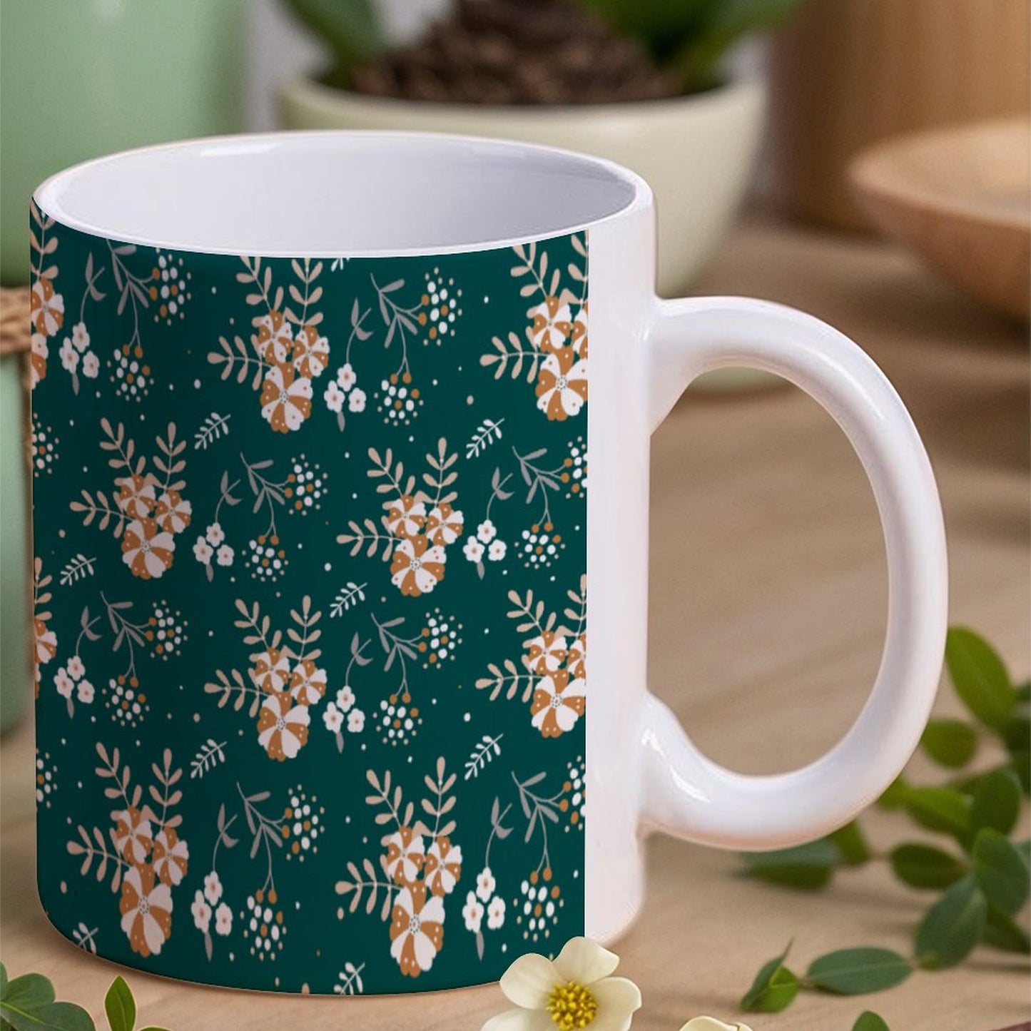 POD US Local White mug with full print, Christmas, Flowers, Green 0096