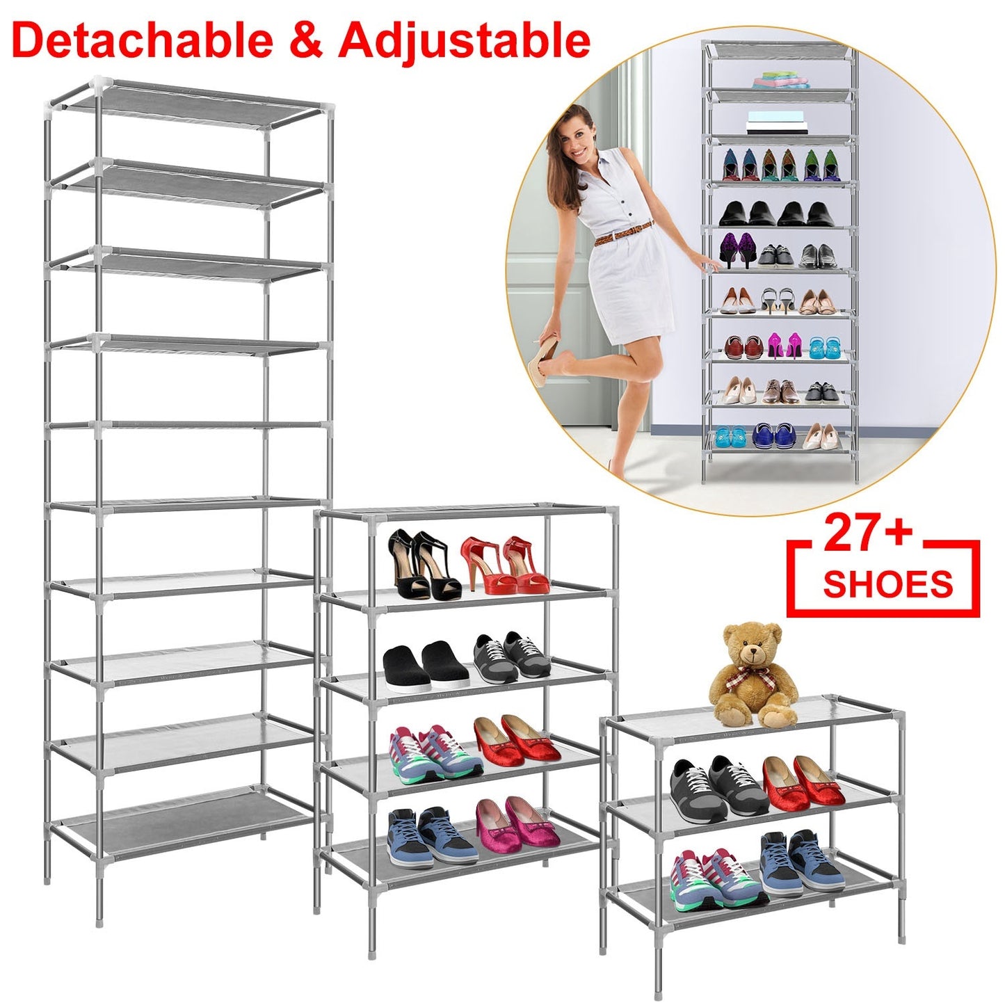 US Local 10 Tiers Shoes Rack Shelves 27 Pairs Shoes Storage Organizer Stand Non-Woven Fabric Detachable Shoes Tower Stackable Shoes Storage Rack For Entryway