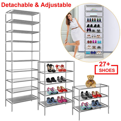 US Local 10 Tiers Shoes Rack Shelves 27 Pairs Shoes Storage Organizer Stand Non-Woven Fabric Detachable Shoes Tower Stackable Shoes Storage Rack For Entryway
