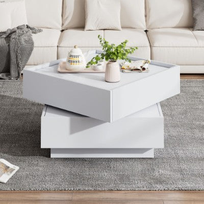 UK Local Square 360 Rotating Coffee Table With 2 Drawers, Wooden 2-Tier Center Table With Swivel Tabletop And Storage, Tea Table , WhiteTable Frame Side Table For Living Room