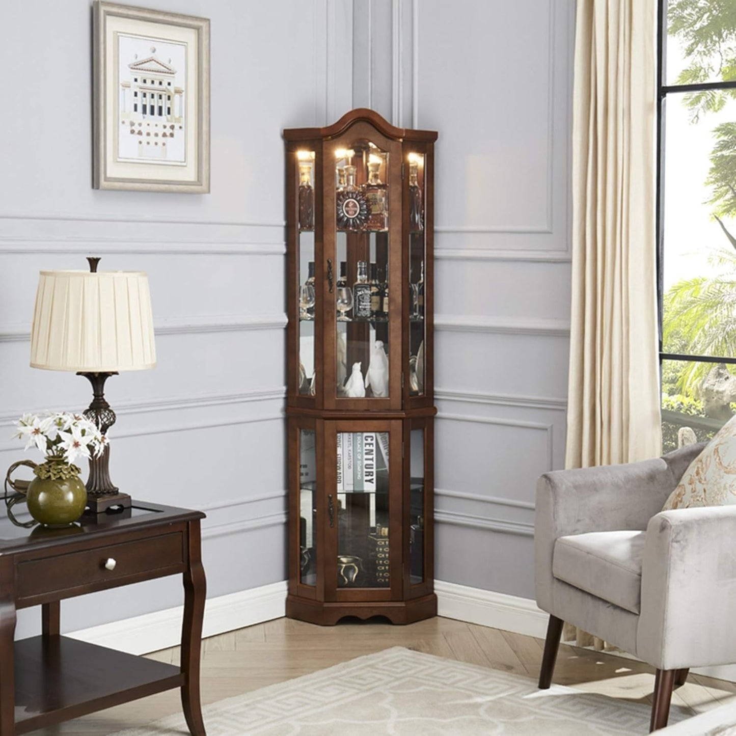 US Local Corner Curio Cabinet With Lights, Adjustable Tempered Glass Shelves, Mirrored Back, Display Cabinet,