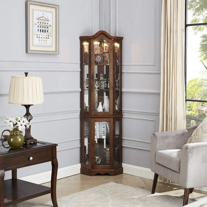 US Local Corner Curio Cabinet With Lights, Adjustable Tempered Glass Shelves, Mirrored Back, Display Cabinet,