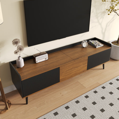 UK Local TV Cabinet, TV Table, TV Stand, Three-Door Base Cabinet. Compact Design. Black And Natural Wood Finish. Height 49.5 Cm  Length 160 Cm  Width 39 Cm