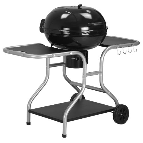 UK Local Outsunny Portable Charcoal Kettle Grill Outdoor Barbecue Trolley BBQ Heat Smoker Grilling With 2 Wheels, Storage Shelf And 4 Hooks, Free Standing, Black
