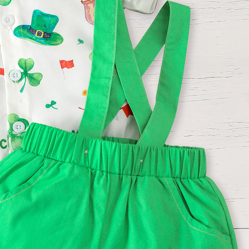 US Local Newborn Baby Boy St. Patrick's Day Clothes Short Sleeve Clover Print Romper & Suspenders Pant 2Pcs Casual Clothes Set