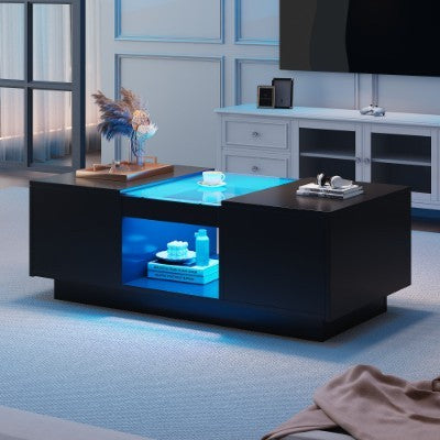 UK Local LED Coffee Table For Living Room, Modern Coffee Table With Storage With LED Lights, 2 Tiers And 2 Drawers, Large Living Room Center Tables Black