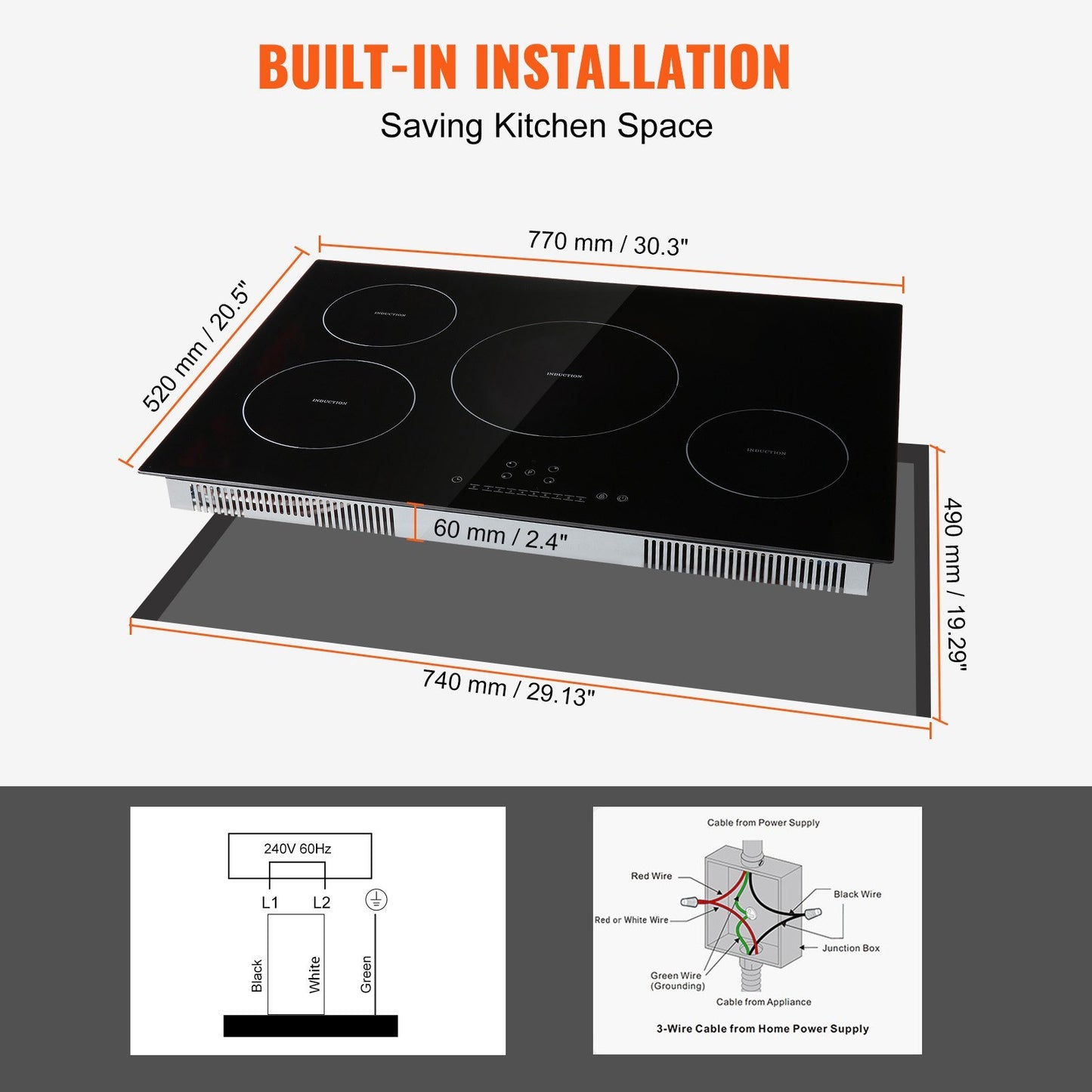 US Local Electric Cooktop, 4 Burners, 30 Induction Stove Top, Built-in Magnetic Cooktop 7500W, 9 Heating Level Multifunctional Burner, LED Touch Screen With Child Lock Over-Temperature Protection