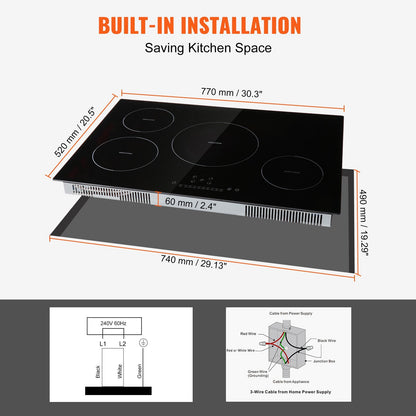 US Local Electric Cooktop, 4 Burners, 30 Induction Stove Top, Built-in Magnetic Cooktop 7500W, 9 Heating Level Multifunctional Burner, LED Touch Screen With Child Lock Over-Temperature Protection