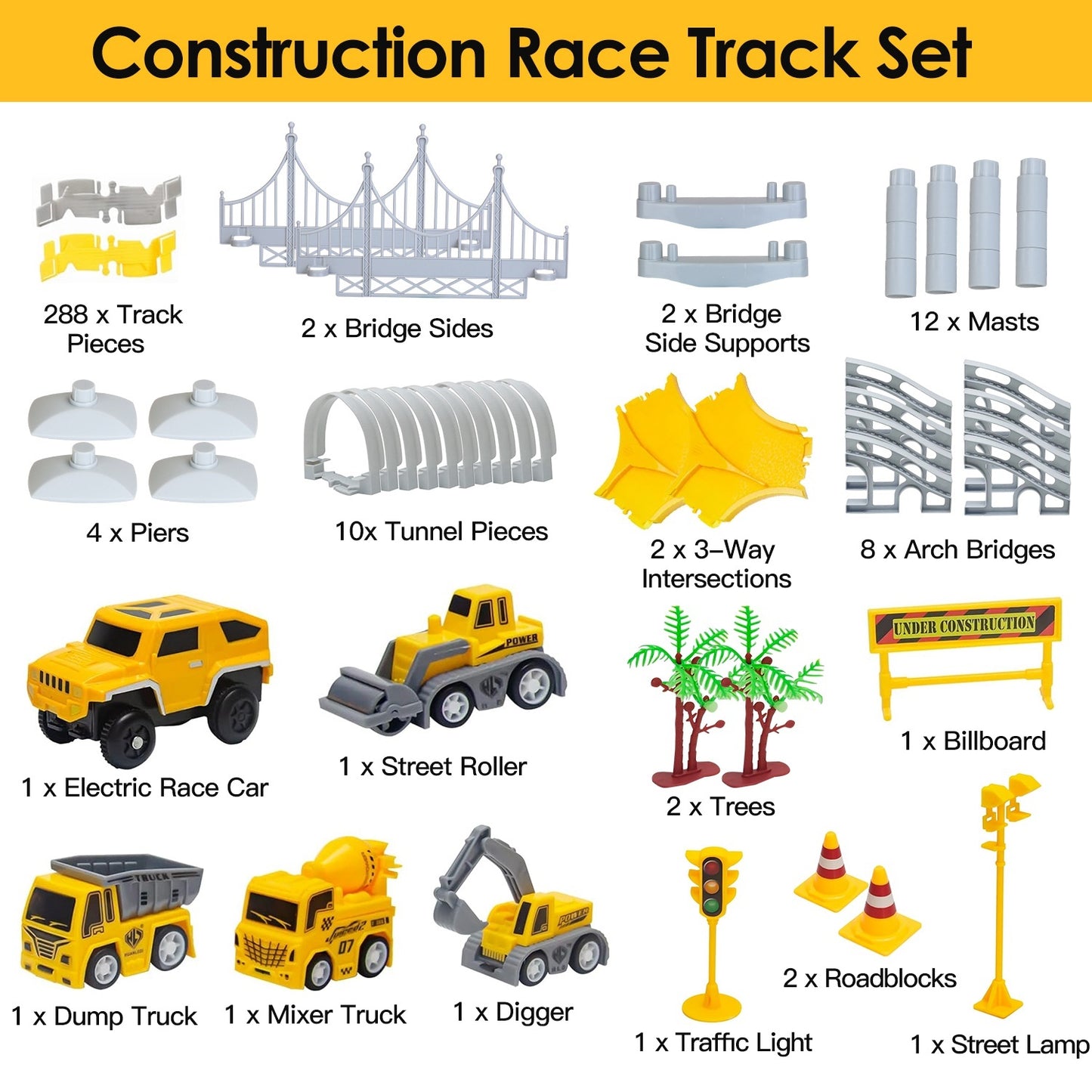 US Local 1Pc 340Pcs Construction Race Track Set Kids DIY Construction Toys STEM Flexible Car Track Playset Gift For Toddlers Boys Aged 3 4 5 6 Year Old