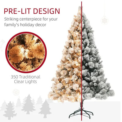 US Local HOMCOM 6.5 Ft Pre-Lit Artificial Christmas Tree With 350 Clear Lights And 1107 Tips, Snow Flocked Christmas Tree With Metal Stand, Hinged Xmas Tree For Home Office Holiday, Green