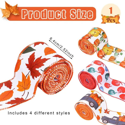 4Rolls 20Yards Thanksgiving Ribbons Autumn Wired Edge Ribbon Fall Themed Decorative Ribbon Pumpkin Maple Leaf Truck Grosgrain Ribbon For Thanksgiving Autumn Fall Party DIY Crafting Supplies