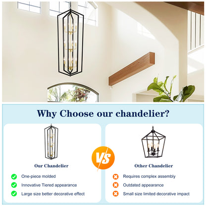 US Local 12-Light Lantern Tired Farmhouse Ceiling Hanging Light Black Chandelier Metal Modern Pendant Light Fixtures For Kitchen Island Dining Room Living Room Foyer Entryway E12 Bulbs Not Included