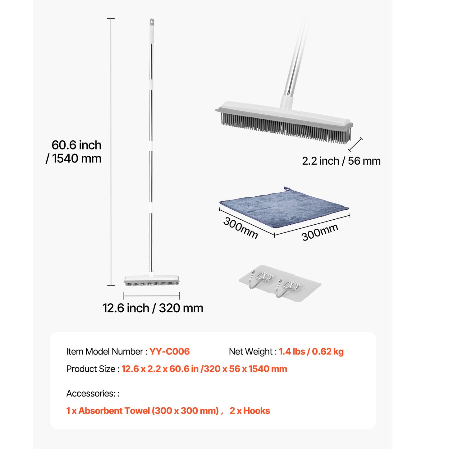 US Local Pet Hair Removal Broom 58.46 In Adjustable Long Handle Pet Hair Rubber Broom