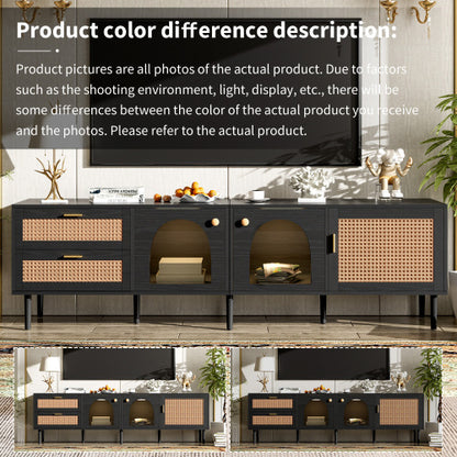 US Local Rattan TV Stand With 3 Cabinets & 2 Drawers, Rattan-inspired Media Console Table For TVs Up To 80'', LED Light Entertainment Center, TV Cabinet For Living Room, Bedroom, Home Theatre