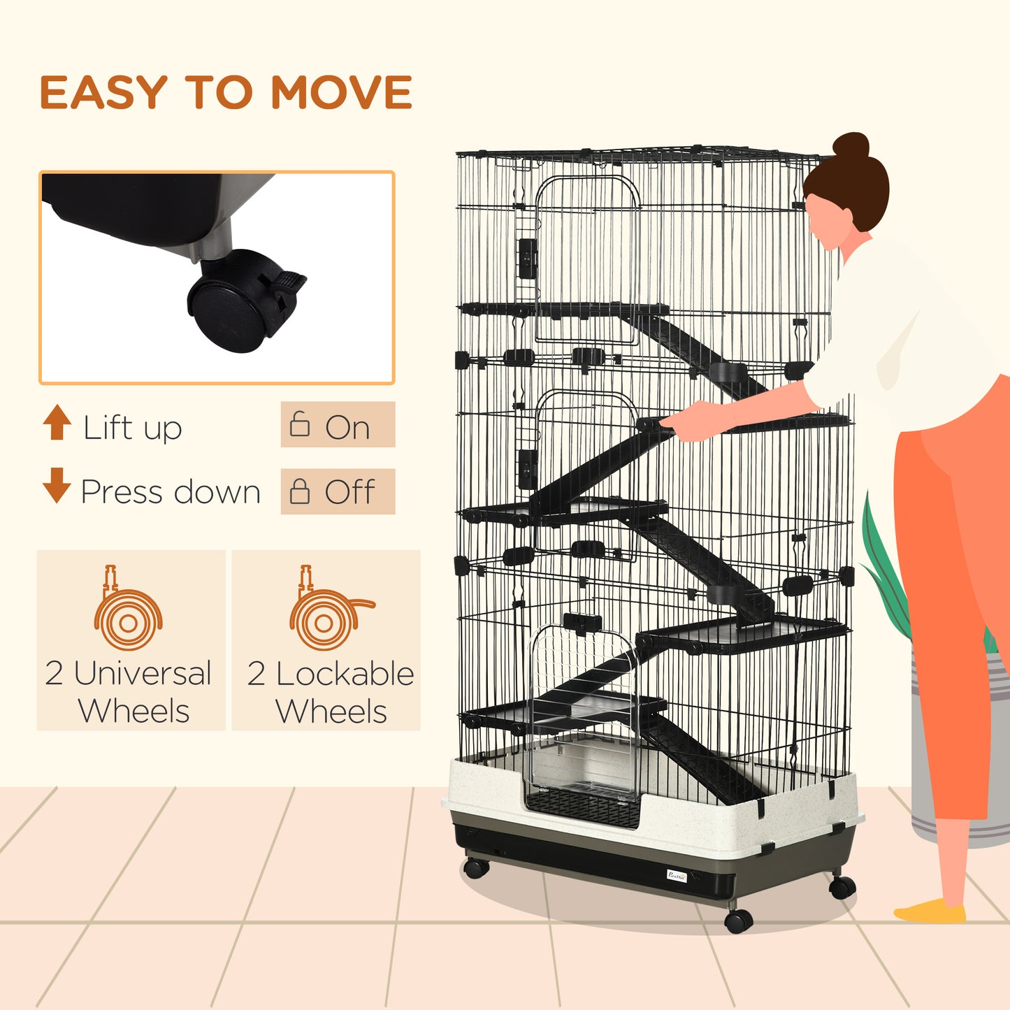 US Local 32L 6-Level Small Animal Cage Rabbit Hutch With Wheels Slide-out Tray Black For Bunny Chinchillas Ferret