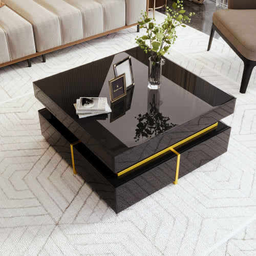 UK Local Coffee Table, High-Gloss Living Room Table, Side Table With Drawers And Gold Accents