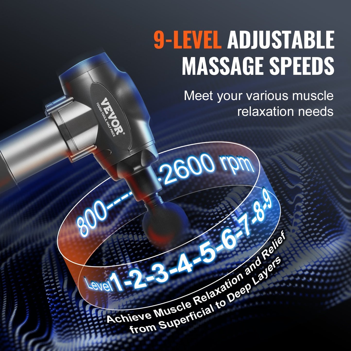 US Local VEVOR Massage Gun Deep Tissue With 9 Speed Levels & 6 Massage Heads, 24V 2500mAh Batteries, Percussion Muscle Massager For Athletes, Handheld Electric Massage Gun For Pain Relief, Muscle Relaxation