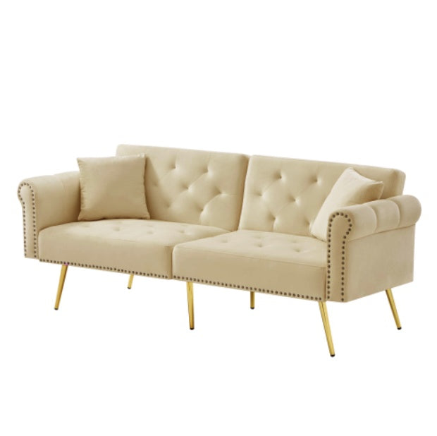 UK Local Modern 2-Seater Sofa Bed Velvet Upholstery, 3 Stage Adjustable Backrest Gold Plated Metal Feet Stylish Sofa With Sleeping Function  Space-Saving Durable Ideal For Small Spaces