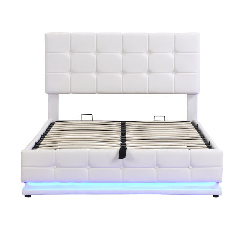 UK Local Ottoman Double Bed With LED Lighting, PU Leather Upholstered Bed With Hydraulic Storage, 4ft6 Double Bed Frame With Adjustable Button Tufted Headboard, Cream White No Mattress