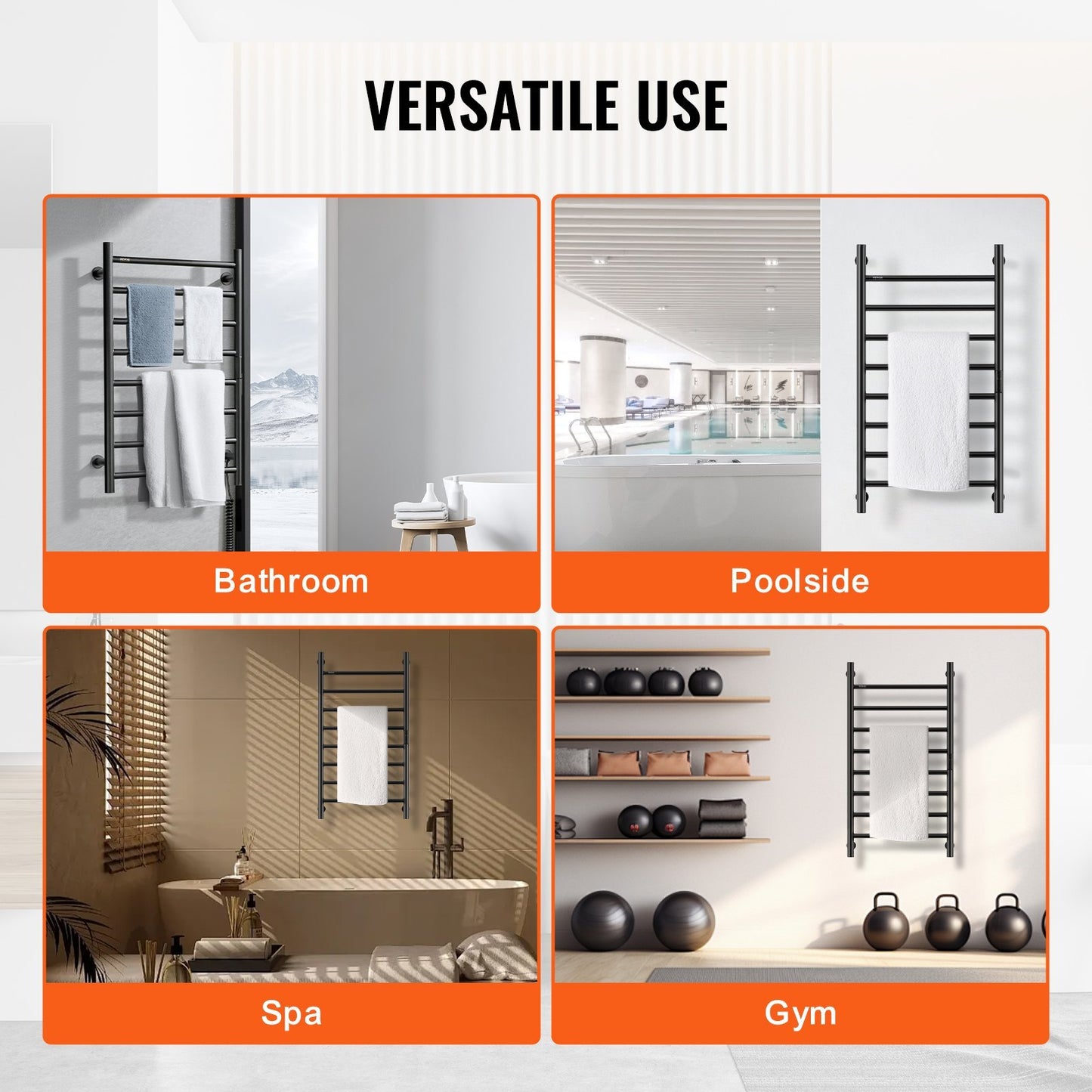 US Local VEVOR 8 Bars Towel Warmer Rack Wall Mounted Heated Towel Rack For Bathroom Black