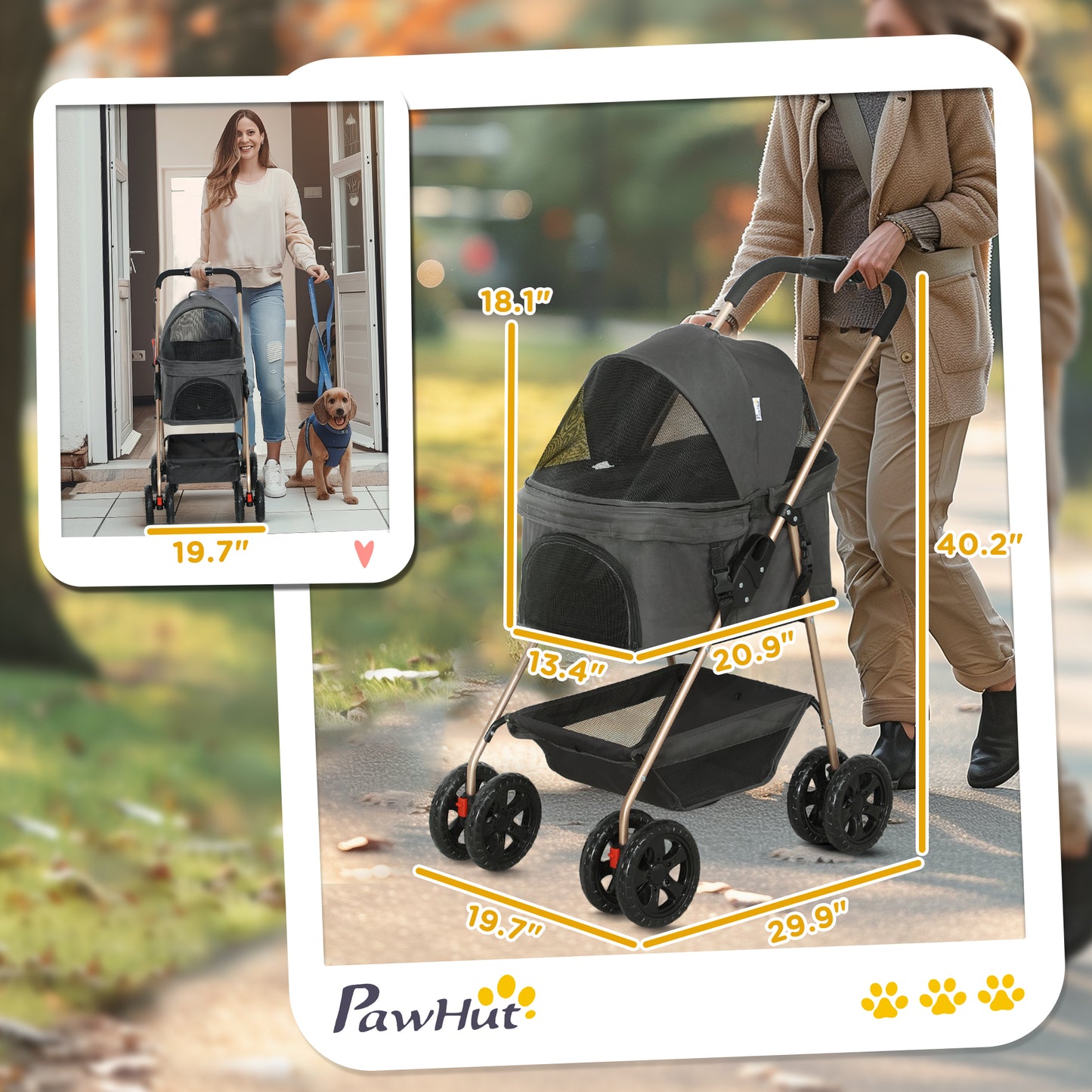 US Local 3 In 1 Pet Stroller With Detachable Carrier, Foldable Dog Stroller With Storage Basket, Cupholder, For Mini Dogs, Gray