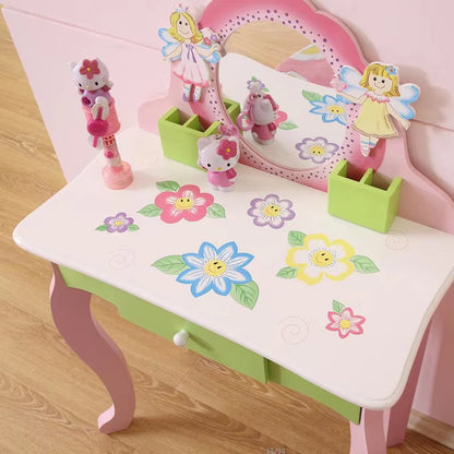 US Local Princess Vanity Make Up Table Wooden Dressing Table With Mirror And Stool For Kids