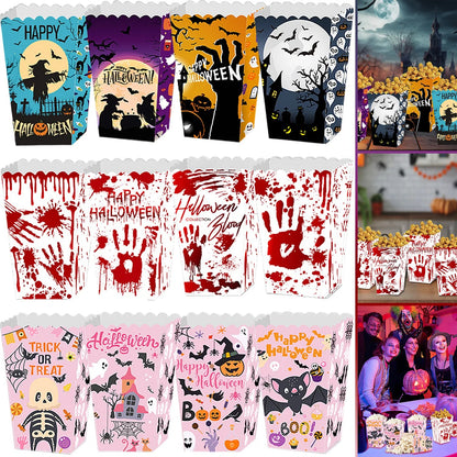 US Local 12Pcs Halloween Popcorn Box 3 Style Trick Or Treating Snack Treat Box Bloodstain Ghost Castle Bat Pattern Candy Cookie Container For Halloween Party Supplies