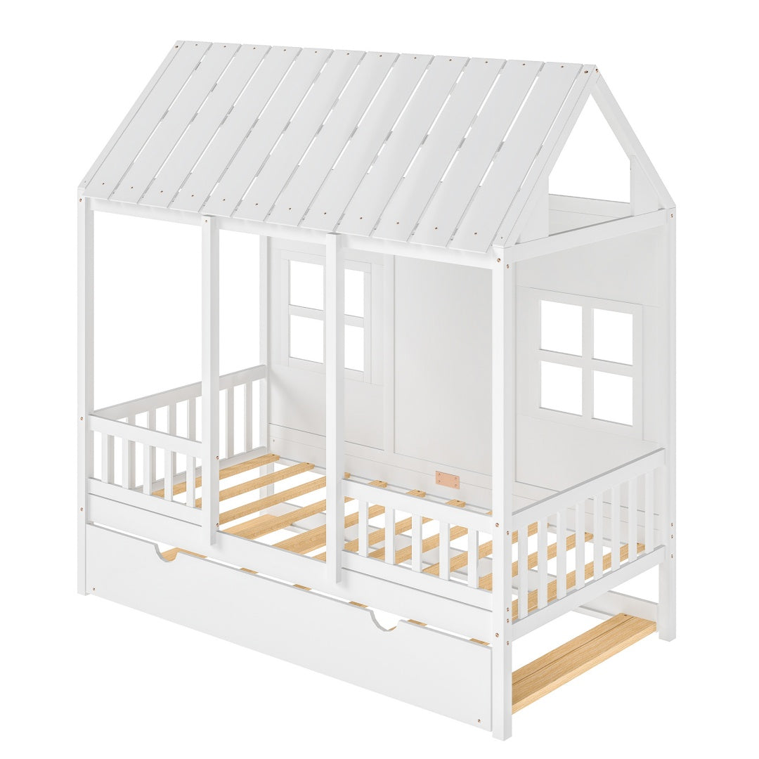 US Local Twin House Bed With Trundle, 77.95'' Wooden Playhouse Bed Frame For Kids With Safety Rails & Window--A-B Combo Sale, Please Do Not Purchase Individually