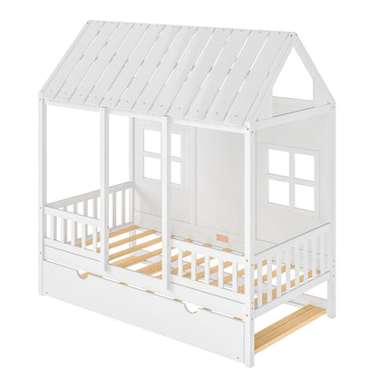 US Local Twin House Bed With Trundle, 77.95'' Wooden Playhouse Bed Frame For Kids With Safety Rails & Window--A-B Combo Sale, Please Do Not Purchase Individually
