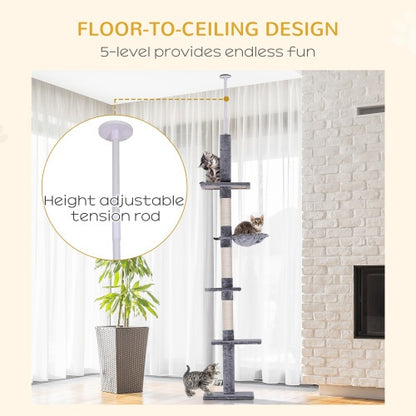 US Local 9 Foot Adjustable Height Floor To Ceiling Vertical Cat Tree - Grey And White