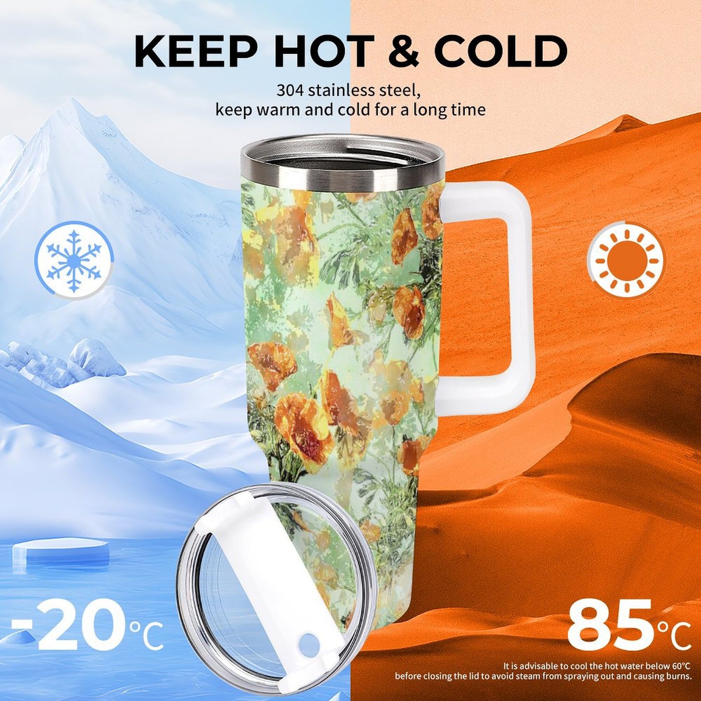 PHDT00112 POD US Local Tumbler 40 oz Large Capacity Car Cup Poppies，Poppy, Misty